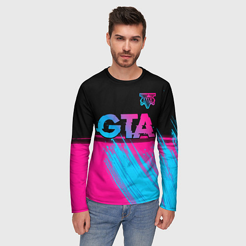 Мужской лонгслив GTA - neon gradient: символ сверху / 3D-принт – фото 3