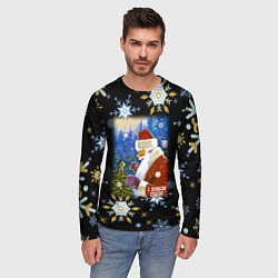 Лонгслив мужской Новый год дед мороз и птичка, цвет: 3D-принт — фото 2