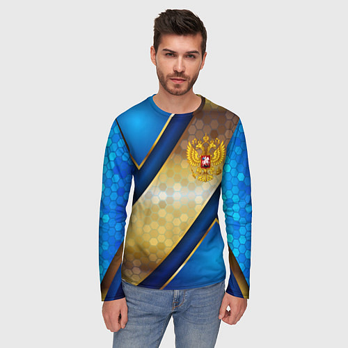 Мужской лонгслив Золотой герб России на синем объемном фоне / 3D-принт – фото 3