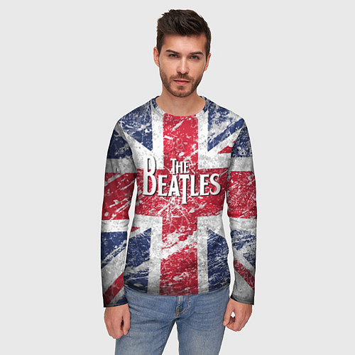 Мужской лонгслив The Beatles - лого на фоне флага Великобритании / 3D-принт – фото 3