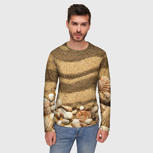 Мужской лонгслив Ракушки на песчаном берегу / 3D-принт – фото 3
