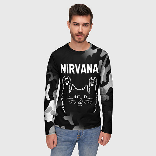 Мужской лонгслив Группа Nirvana и рок кот / 3D-принт – фото 3