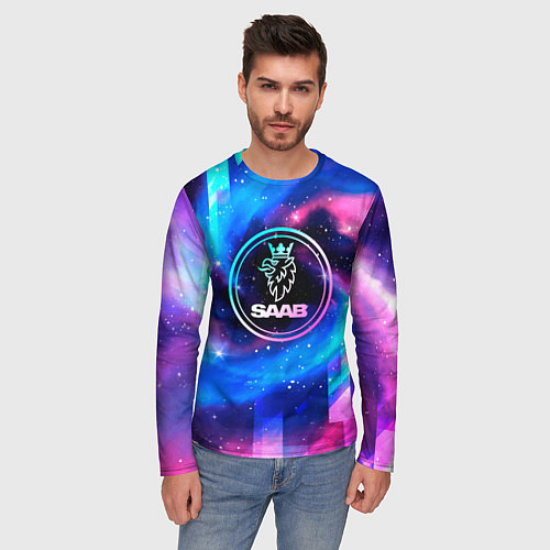 Мужской лонгслив Saab неоновый космос / 3D-принт – фото 3