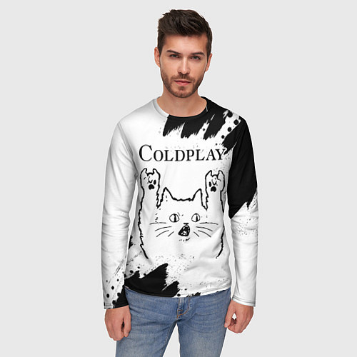 Мужской лонгслив Coldplay рок кот на светлом фоне / 3D-принт – фото 3