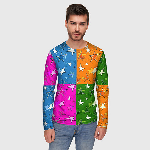 Мужской лонгслив Яркий разноцветный модный звездный узор / 3D-принт – фото 3