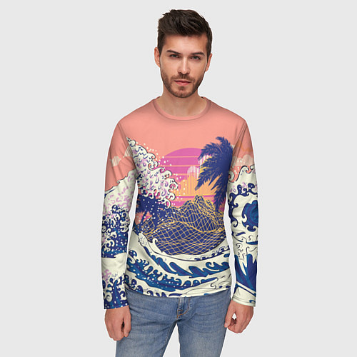Мужской лонгслив Ретро дизайн большие волны, пальмы и абстрактные г / 3D-принт – фото 3