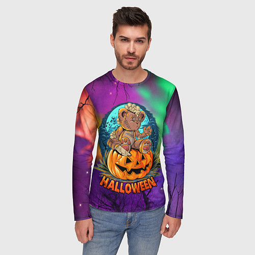 Мужской лонгслив Хэллоуин - мишка на тыкве / 3D-принт – фото 3