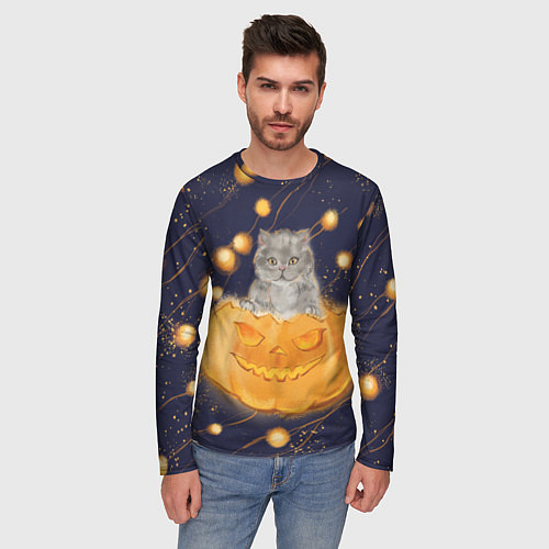 Мужской лонгслив Котик в тыкве, хеллоуин / 3D-принт – фото 3
