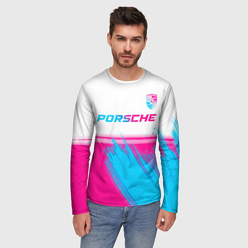 Мужской лонгслив Porsche neon gradient style: символ сверху / 3D-принт – фото 3