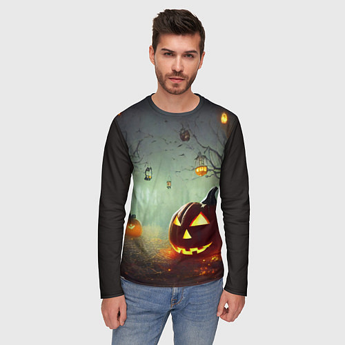 Мужской лонгслив Тыква на Хэллоуин в ночном туманном лесу / 3D-принт – фото 3