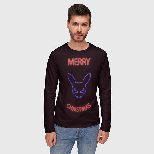 Мужской лонгслив Neon christmas bunny / 3D-принт – фото 3