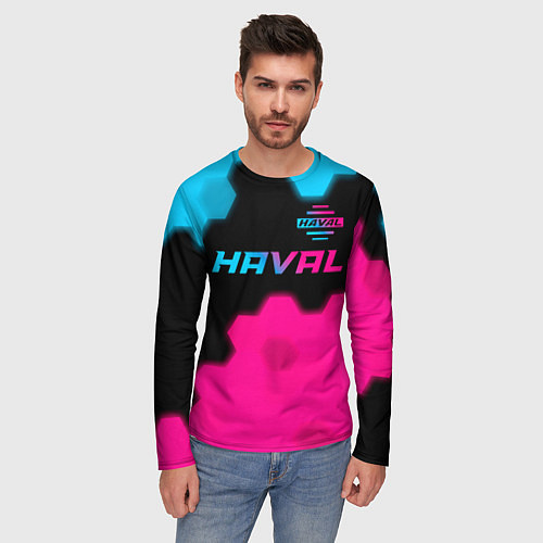 Мужской лонгслив Haval - neon gradient: символ сверху / 3D-принт – фото 3