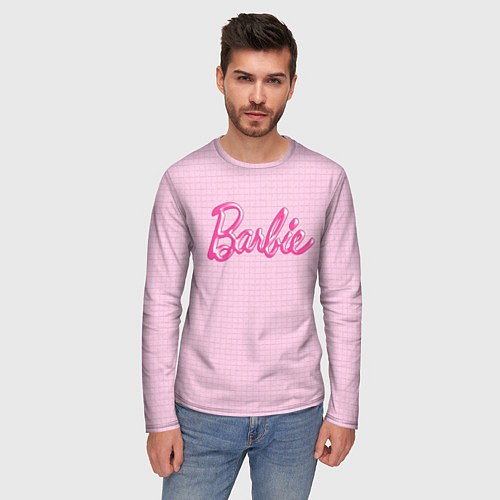 Мужской лонгслив Барби - логотип на клетчатом фоне / 3D-принт – фото 3