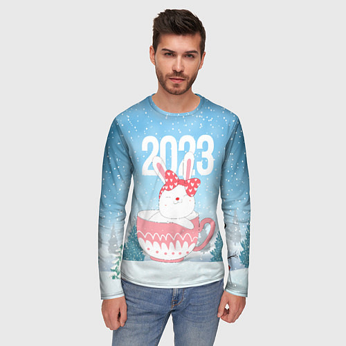 Мужской лонгслив Новый год зайчик в кружке / 3D-принт – фото 3