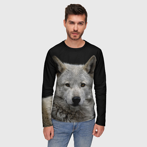 Мужской лонгслив Серый волк на темном фоне / 3D-принт – фото 3