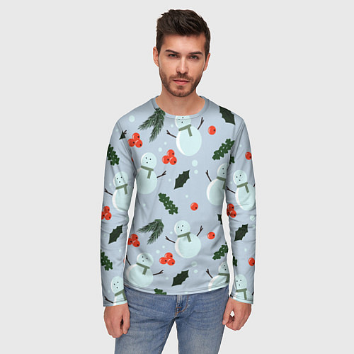 Мужской лонгслив Снеговики и ягодки / 3D-принт – фото 3