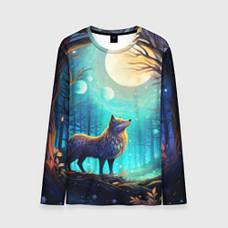 Мужской лонгслив Волк в ночном лесу в folk art стиле