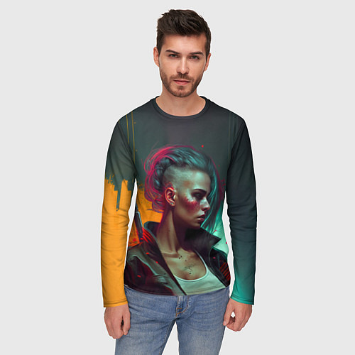 Мужской лонгслив Cyberpunk girl art / 3D-принт – фото 3