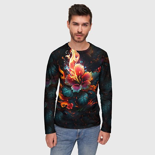 Мужской лонгслив Огненный цветок на темном фоне / 3D-принт – фото 3