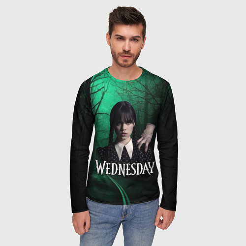 Мужской лонгслив Уэнсдэй зеленый лес / 3D-принт – фото 3