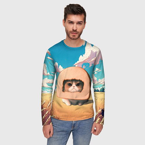 Мужской лонгслив Мемный кот в хлебе / 3D-принт – фото 3