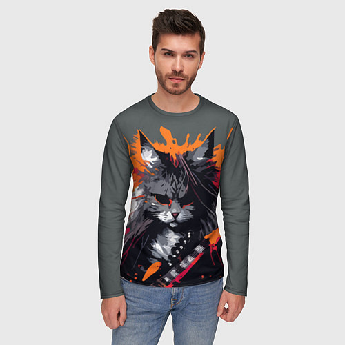 Мужской лонгслив Rocker Cat on a gray background - C-Cats collectio / 3D-принт – фото 3