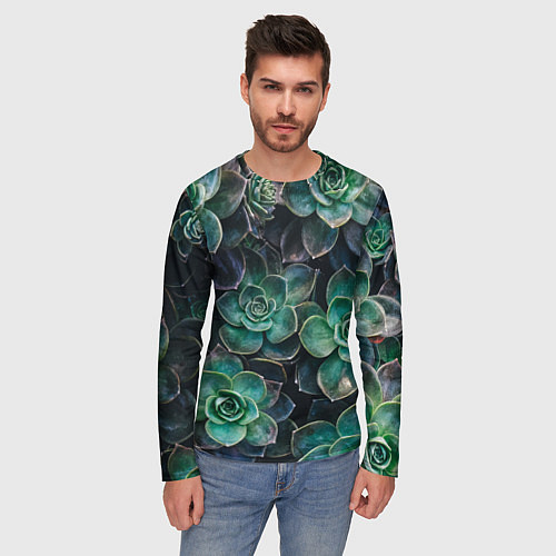 Мужской лонгслив Паттерн из множество зелёных цветов / 3D-принт – фото 3