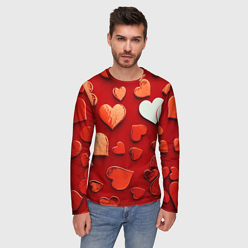 Мужской лонгслив Красные сердца на красном фоне / 3D-принт – фото 3