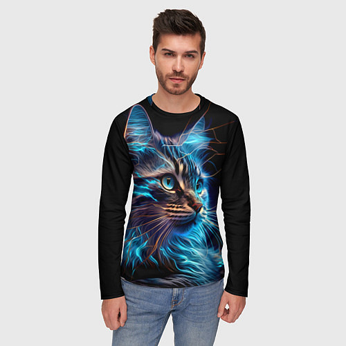 Мужской лонгслив Неоновый кот искрящий молниями / 3D-принт – фото 3