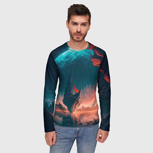 Мужской лонгслив Абстрактный летающий корабль и луна / 3D-принт – фото 3