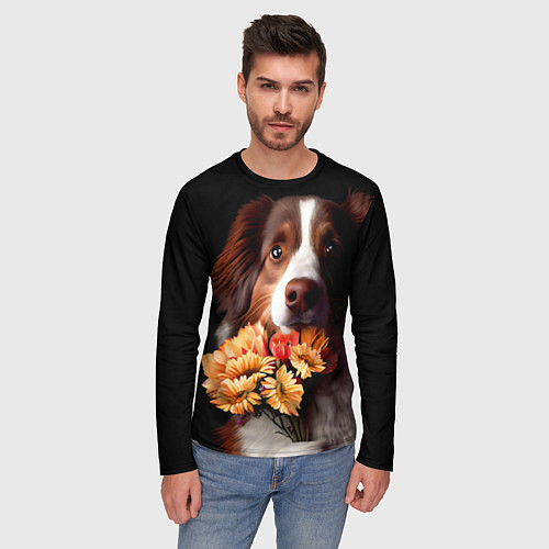 Мужской лонгслив Пёс держит букет цветов / 3D-принт – фото 3