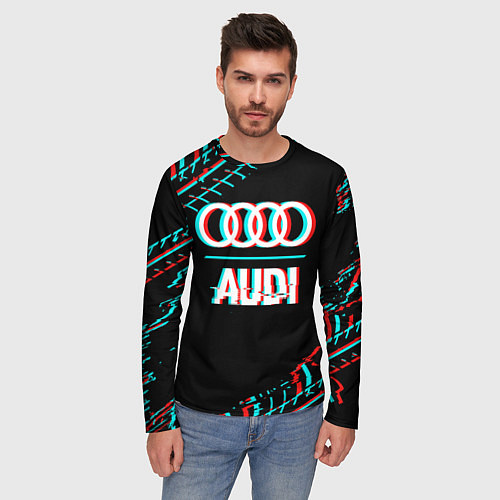 Мужской лонгслив Значок Audi в стиле glitch на темном фоне / 3D-принт – фото 3