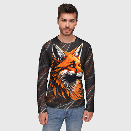 Мужской лонгслив Огненная лиса на фоне узора / 3D-принт – фото 3