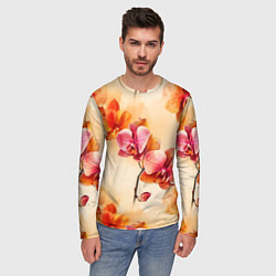 Лонгслив мужской Акварельные цветы - персиковый паттерн, цвет: 3D-принт — фото 2