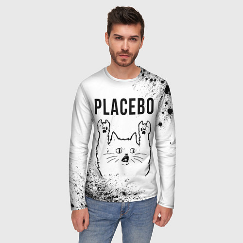 Мужской лонгслив Placebo рок кот на светлом фоне / 3D-принт – фото 3