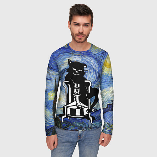 Мужской лонгслив Кот Бегемот на примусе в Звездной ночи / 3D-принт – фото 3