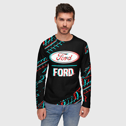 Мужской лонгслив Значок Ford в стиле glitch на темном фоне / 3D-принт – фото 3