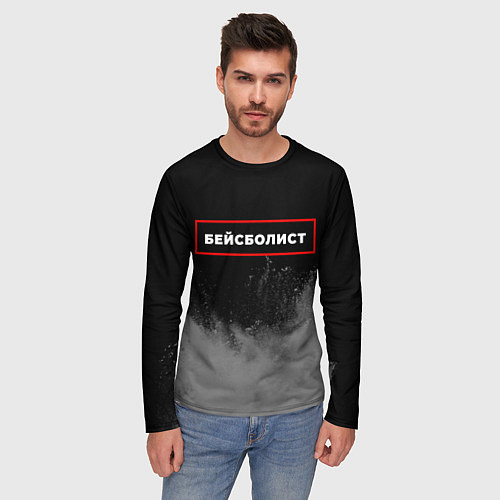 Мужской лонгслив Бейсболист - в рамке красного цвета / 3D-принт – фото 3