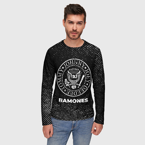 Мужской лонгслив Ramones с потертостями на темном фоне / 3D-принт – фото 3