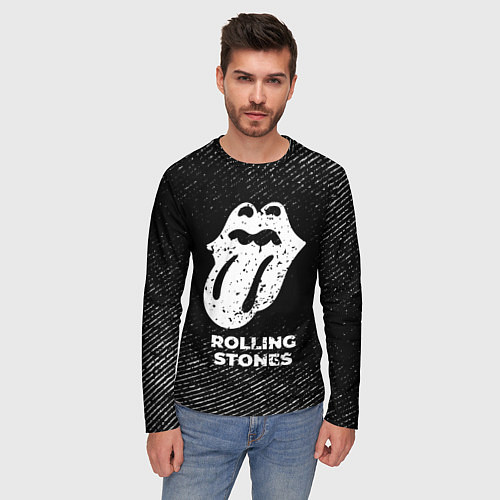 Мужской лонгслив Rolling Stones с потертостями на темном фоне / 3D-принт – фото 3