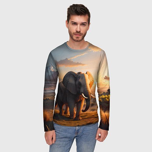 Мужской лонгслив Африканский слон в саванне / 3D-принт – фото 3