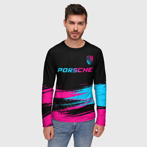 Мужской лонгслив Porsche - neon gradient: символ сверху / 3D-принт – фото 3