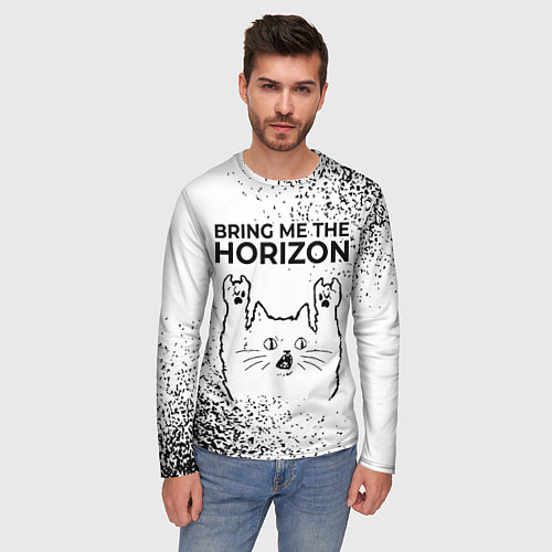 Мужской лонгслив Bring Me the Horizon рок кот на светлом фоне / 3D-принт – фото 3