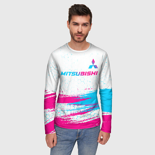 Мужской лонгслив Mitsubishi neon gradient style: символ сверху / 3D-принт – фото 3