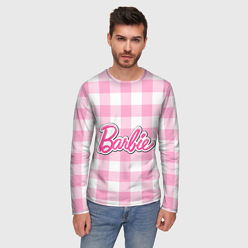 Мужской лонгслив Барби лого розовая клетка / 3D-принт – фото 3
