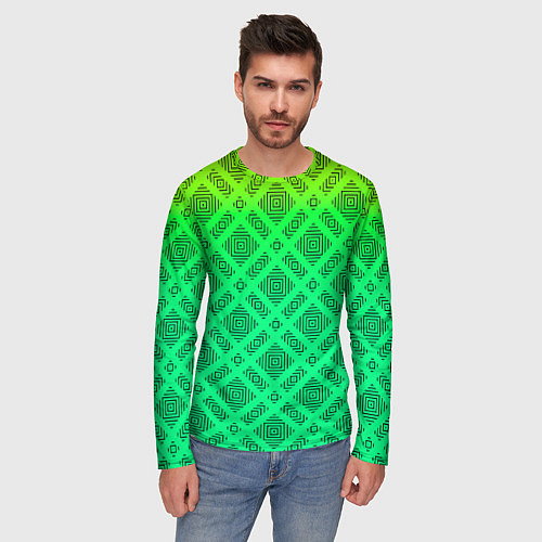 Мужской лонгслив Желто-зеленый градиентный фон с геометрическим узо / 3D-принт – фото 3