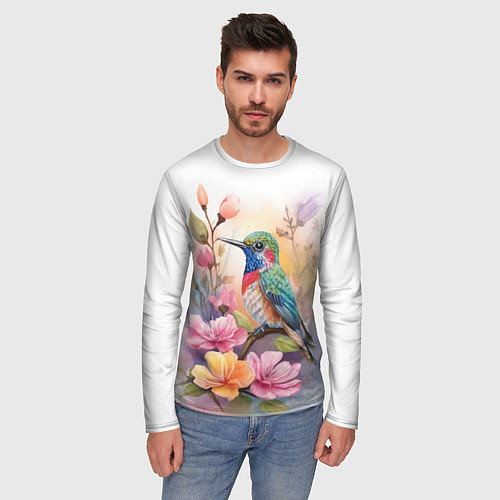 Мужской лонгслив Колибри и цветы - акварель / 3D-принт – фото 3