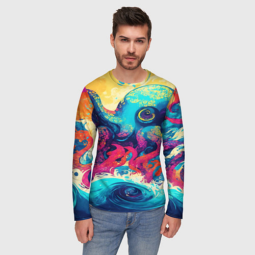 Мужской лонгслив Разноцветный осьминог на волнах красок / 3D-принт – фото 3