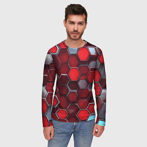 Мужской лонгслив Cyber hexagon red / 3D-принт – фото 3