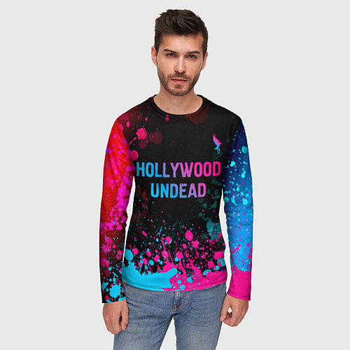 Мужской лонгслив Hollywood Undead - neon gradient: символ сверху / 3D-принт – фото 3